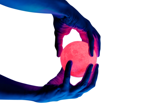 Human migician hand holding red illuminated sphere. Surrealistic collage element, contemporary art for design, posters and banners. Neon purple light. Pop fantasy style