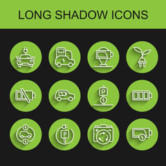 Set line Electric car, Charging parking electric, Battery with recycle symbol, Low battery, charge and icon. Vector