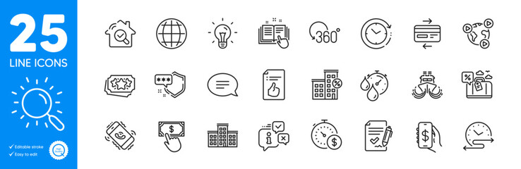 Outline icons set. Call center, Approved document and Loyalty points icons. Loan house, Money app, Full rotation web elements. Chat, Approved agreement, Technical documentation signs. Vector