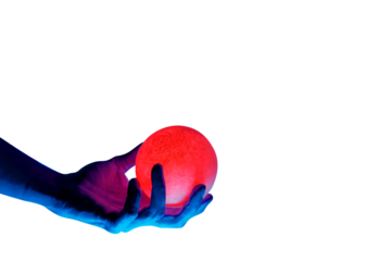 Human migician hand holding red illuminated sphere. Surrealistic collage element, contemporary art for design, posters and banners. Neon purple light. Pop fantasy style