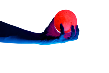 Human migician hand holding red illuminated sphere. Surrealistic collage element, contemporary art for design, posters and banners. Neon purple light. Pop fantasy style