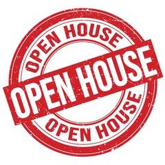 OPEN HOUSE text written on red round stamp sign