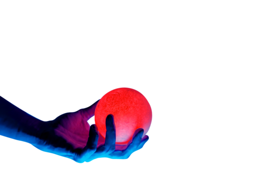 Human migician hand holding red illuminated sphere. Surrealistic collage element, contemporary art for design, posters and banners. Neon purple light. Pop fantasy style