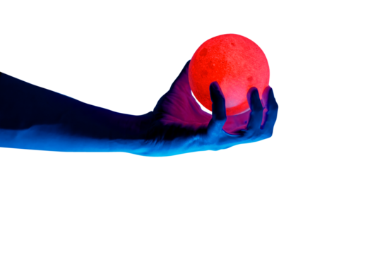 Human migician hand holding red illuminated sphere. Surrealistic collage element, contemporary art for design, posters and banners. Neon purple light. Pop fantasy style