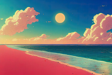 Beach with ocean. Sun and clouds. Orange anime digital art. Landscape