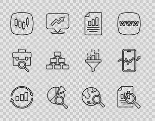 Set line Graph chart infographic, Document with, Search data analysis, Browser stocks market, Hierarchy organogram, globe and Mobile trading icon. Vector