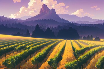 Oregon vineyard illustration. Beautiful nature landscape with vineyards, forest, sky, clouds and mountains. Artwork of simple, minimal colorful wine place. View of wineries. - obrazy, fototapety, plakaty