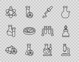 Set line Radioactive, Microscope, Pipette, Test tube with toxic liquid, Atom, Petri dish bacteria, flask on stand and Alcohol or spirit burner icon. Vector