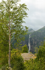 mountain landscape with waterfall, Jostedalsbreen national park, Norway