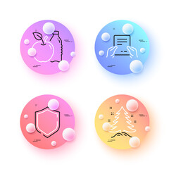 Shield, Christmas tree and Receive file minimal line icons. 3d spheres or balls buttons. Apple icons. For web, application, printing. Safe secure, Spruce, Hold document. Diet food. Vector