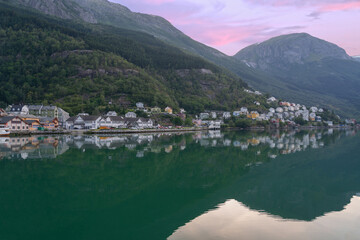 Odda rural town sea mountain fjord view on houses, Norway