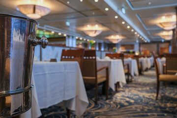 Art Deco interior design style furniture, carpets and paneling onboard classic ocean liner cruiseship cruise ship main dining room restaurant