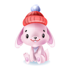 New Year 2023 rabbit, vector cute cartoon Chinese bunny, winter holiday symbol, season mammal. Little children greeting hare, red hat, adorable asian character. Cartoon pink rabbit mascot clipart