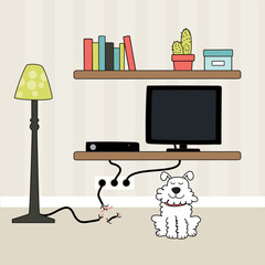 Cute dog playing with dangerous wires. vector art