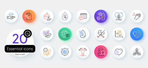 Simple set of Leaf, No alcohol and World medicine line icons. Include Organic tested, Stress, Fitness calendar icons. Baby carriage, Night cream, Local grown web elements. Vector