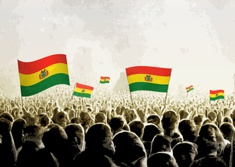 Crowd with the flags of Bolivia, people cheering national team of Bolivia. Ai generated illustration of crowd.