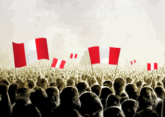 Crowd with the flags of Peru, people cheering national team of Peru. Ai generated illustration of crowd. - obrazy, fototapety, plakaty