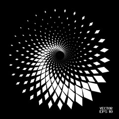 Abstract Black and White Geometric Pattern with Squares. Spiral-like Spotted Tunnel. Contrasty Halftone Optical Psychedelic Illusion. Vector. 3D Illustration