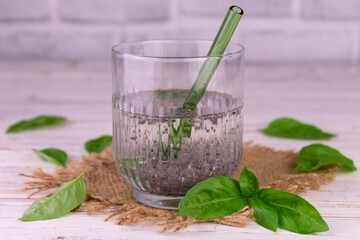 Water for weight loss with basil and chia seeds.
