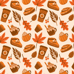 Different types of coffee and pastry, autumn leaves. Autumn mood. Seamless pattern in orange colores. Vector