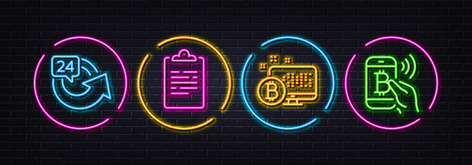 Bitcoin system, Clipboard and 24 hours minimal line icons. Neon laser 3d lights. Bitcoin pay icons. For web, application, printing. Cryptocurrency monitor, Survey document, Repeat. Vector