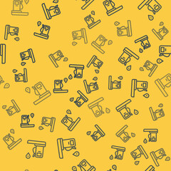 Blue line Location and petrol or gas station icon isolated seamless pattern on yellow background. Car fuel symbol. Gasoline pump. Vector