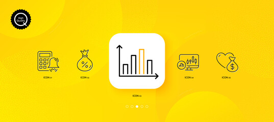 Fototapeta na wymiar Candlestick chart, Diagram graph and Donation minimal line icons. Yellow abstract background. Calculator alarm, Loan icons. For web, application, printing. Vector