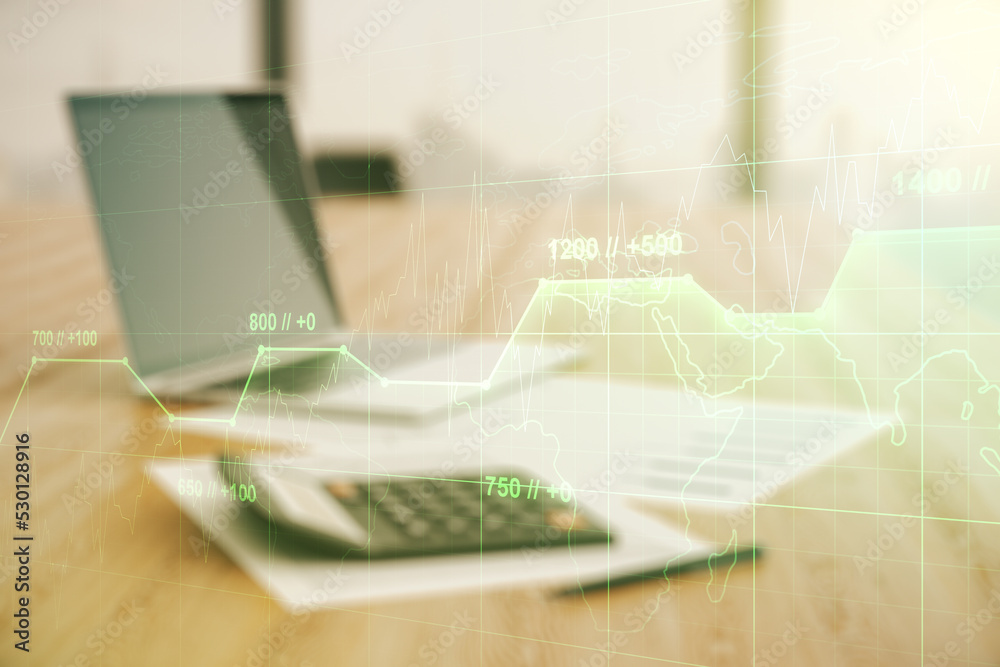 Poster abstract virtual analytics data spreadsheet on blurry calculator and computer background, analytics 