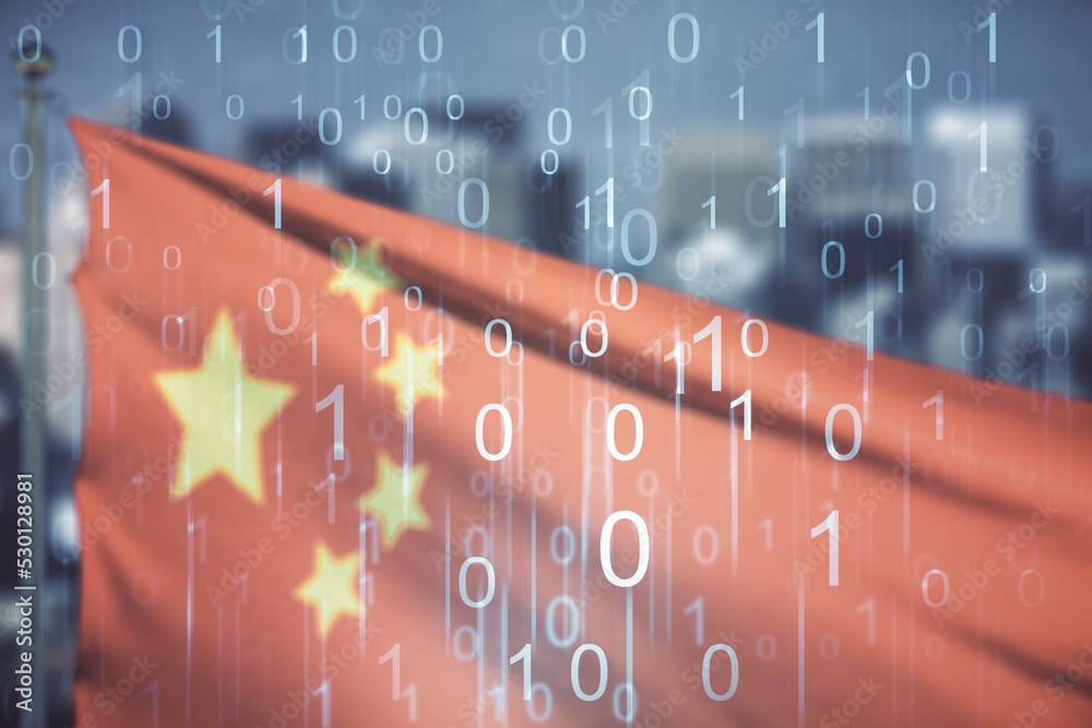 Poster abstract virtual binary code illustration on flag of china and blurry skyscrapers background. big da