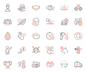 Healthcare icons set. Included icon as Face scanning, High thermometer and Leaf dew web elements. Medical mask, Myopia, Electronic thermometer icons. World vaccination, Sick man. Vector
