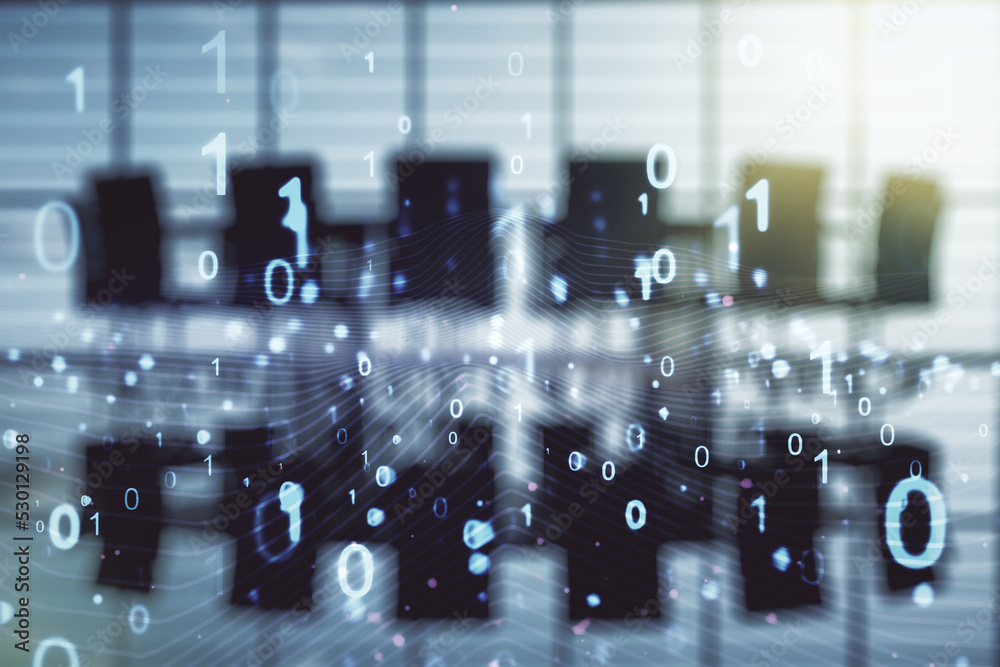 Poster abstract virtual binary code illustration on a modern conference room background. big data and codin