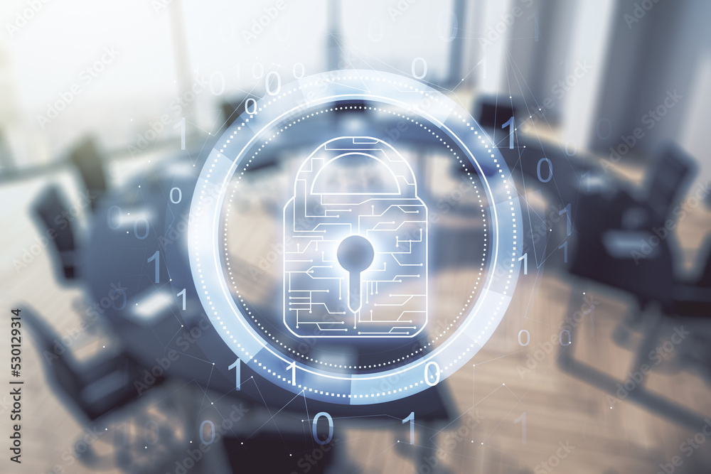 Poster double exposure of virtual creative lock hologram with chip on a modern meeting room background. inf
