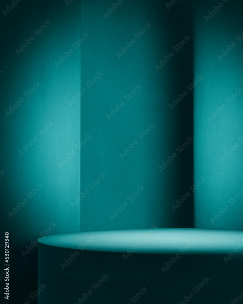 Wall mural minimal blue interior studio scene for product podium background with spotlight on round table. luxu