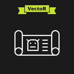 White line Robot blueprint icon isolated on black background. Vector