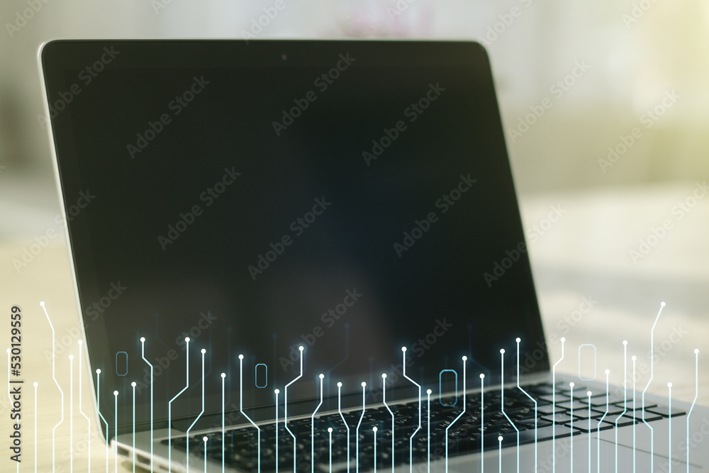Aufkleber Double exposure of circuit hologram on laptop background. Research and development hardware concept