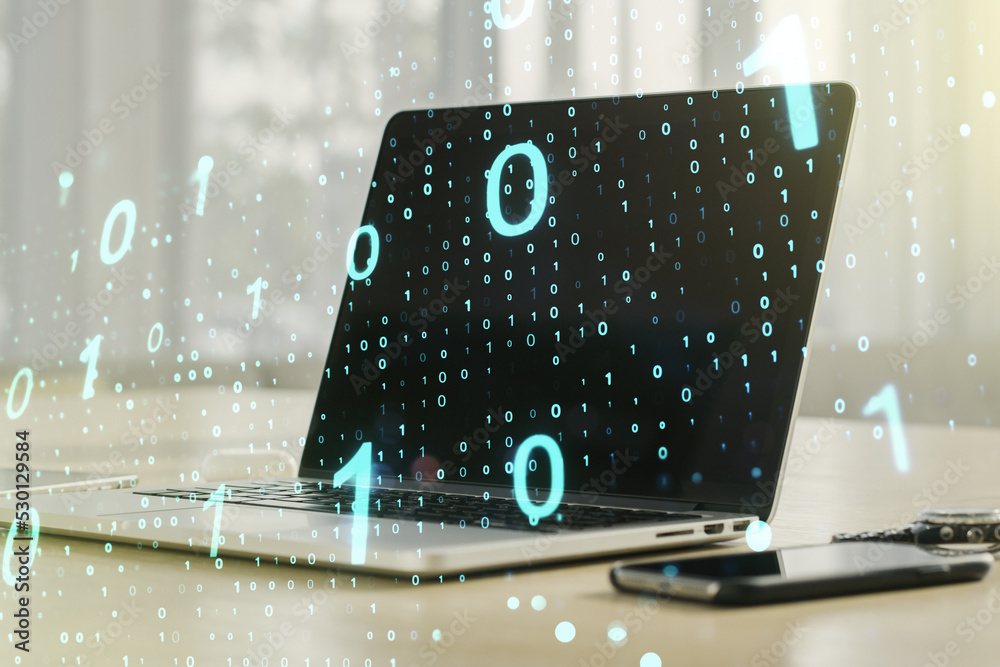 Poster creative abstract binary code sketch on modern laptop background, hacking and matrix concept. multie