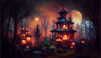 Fototapeta premium Digital art of a haunted house in a foggy forest at Halloween.