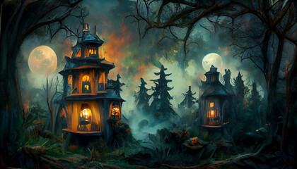 Fototapeta na wymiar Digital art of a haunted house in a foggy forest at Halloween.