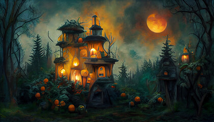 Digital art of a haunted house in a foggy forest at Halloween. - obrazy, fototapety, plakaty