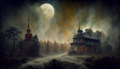 Fototapeta Digital art of a haunted house in a foggy forest at Halloween. obraz