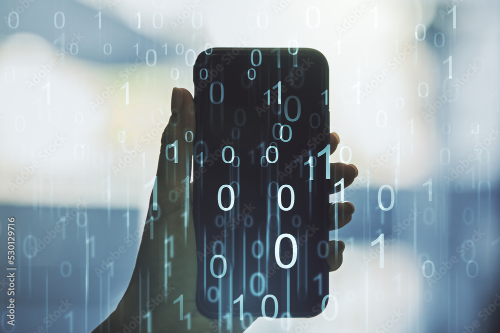 Aufkleber Creative concept of binary code illustration and hand with phone on background. Big data and coding concept. Multiexposure
