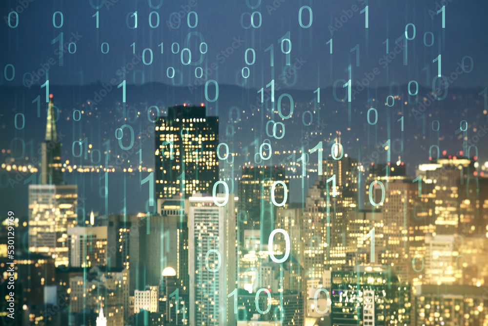 Poster abstract virtual binary code hologram on san francisco cityscape background, ai and machine learning