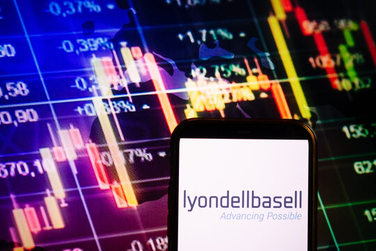 KONSKIE, POLAND - September 10, 2022: Smartphone displaying logo of LyondellBasell company on stock exchange chart background