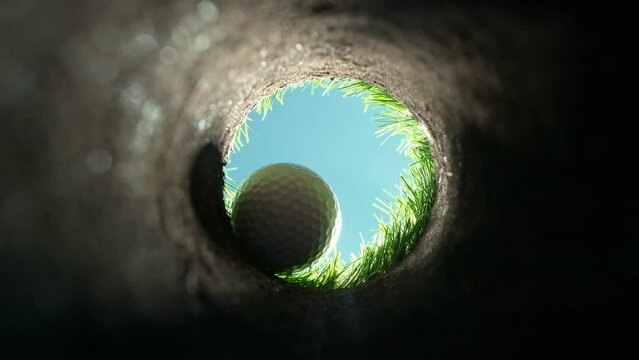Super slow motion of falling golf ball into hole. Unique perspective angle of view. Filmed on high speed cinema camera, 1000fps.