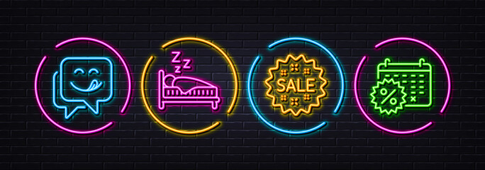 Sale, Yummy smile and Sleep minimal line icons. Neon laser 3d lights. Calendar discounts icons. For web, application, printing. Shopping star, Emoticon, Human in bed. Shopping. Vector