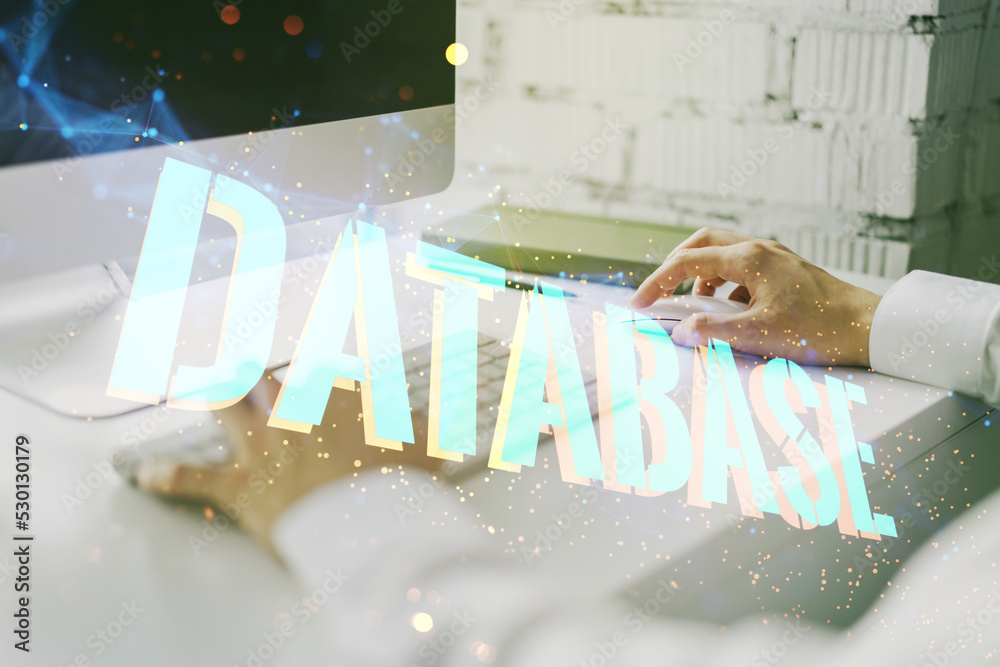 Poster double exposure of database word sign with hands typing on computer keyboard on background, global r