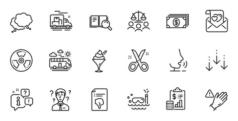 Outline set of Support consultant, Use gloves and Scuba diving line icons for web application. Talk, information, delivery truck outline icon. Include Love letter, Thumb down, Scissors icons. Vector
