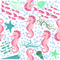 Seahorse and starfish seamless pattern. Sea life summer background. Cute sea life. Design for fabric and decor