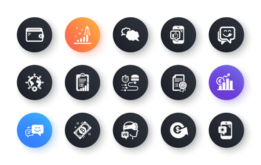 Minimal set of Development plan, Augmented reality and Mobile like flat icons for web development. Food delivery, Dollar exchange, Euro rate icons. Wallet, Checklist, Messenger web elements. Vector
