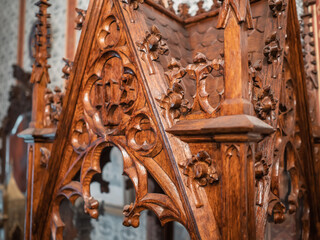 Close-up of vintage 19th century European wooden antique furniture in Victorian style.